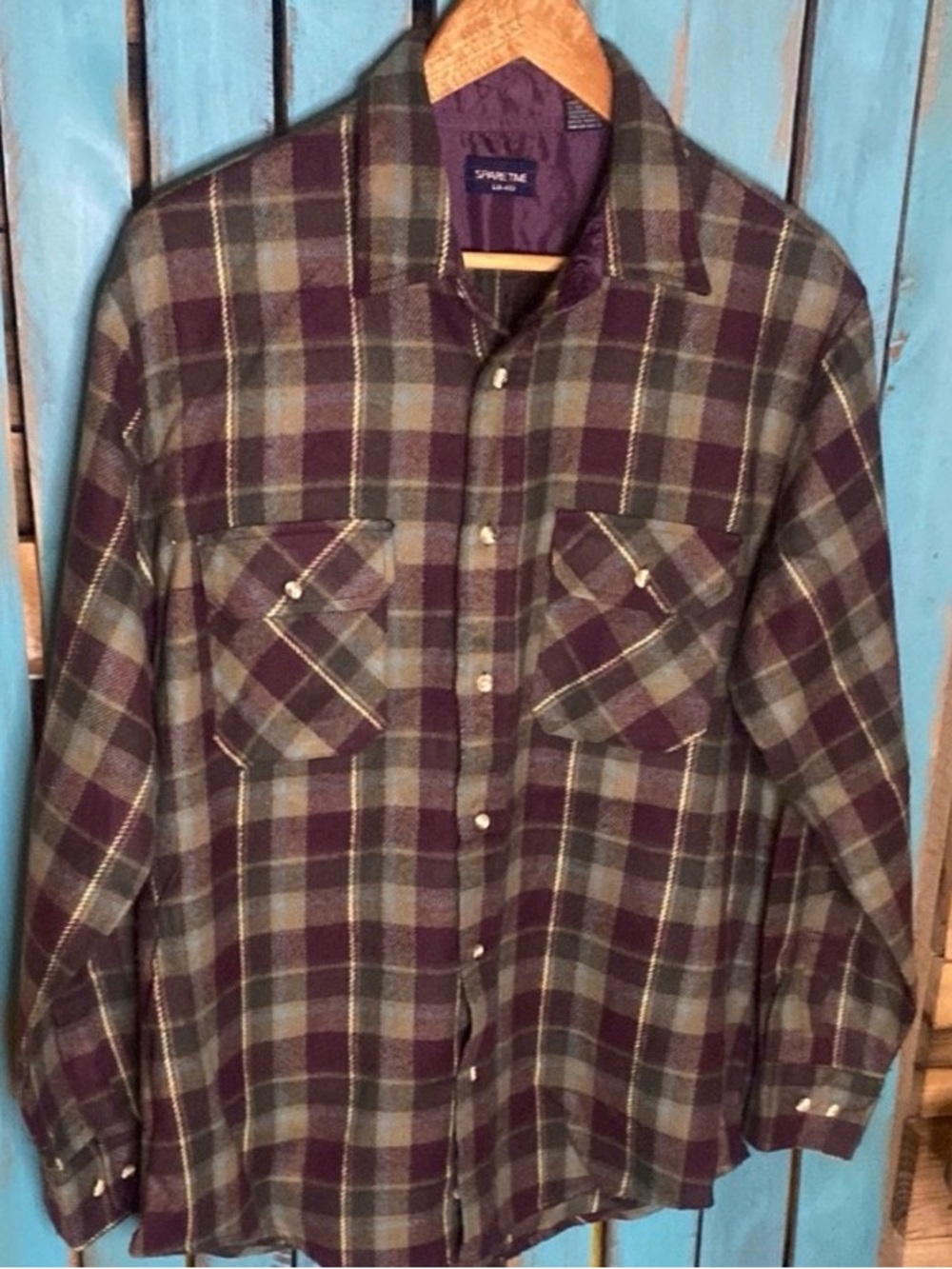 Vintage Spare Time 90s Plaid flannel Shirt L Purple Gray Blue White made Korea